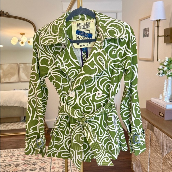 Millard Fillmore Green Ivory Retro Abstract Trench Style Short Jacket- Size XS - Picture 7 of 8